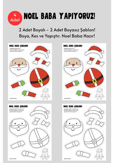 Noel Baba Şablonu, 4 Adet A4 Boyutta Kalın Ve Sert Kağıt.
