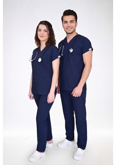 Unisex Kadın Erkek Lacivert Renk Soft Likra Takım Hemşire Doktor Hastane Üniforma Lacivert Lacivert