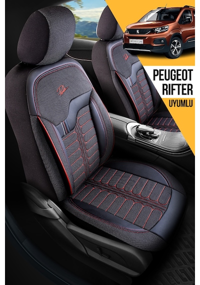 Siyah - Kırmızı Panda Şili Serisi İngiliz Jakar Kumaş Peugeot Rifter Uyumlu Oto Koltuk Kılıfı - Tam Set