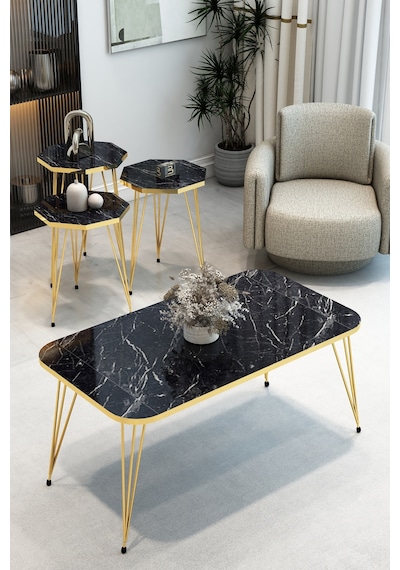 3'lü Sekizgen Zigon Sehpa Ve Dikdörtgen Orta Sehpa Takımı Modern Gold Metal Ayaklı Salon Sehpa Seti Siyah
