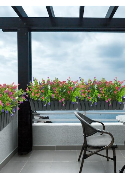 Yapay Çiçek Siyah Çit Balkon Saksısı Renkli Mineli Şimşir Çiçekli 55 35cm