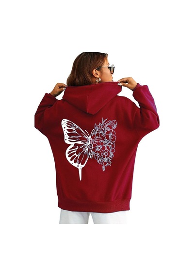 Medinenur Unisex Kelebek Baskılı Kapüşonlu Sweatshirt Kırmızı