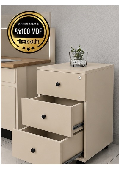 Keson Rafineri Çekmeceli Merkezi Kilit Ofis Dolabı Mdf Krem