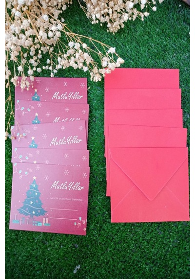 20 Adet Kırmızı Zarflı Çam Ağaçlı Yılbaşı Tebrik Kartı - 9x6cm Kuşe Hediye Kartı - Yılbaşı Süsü