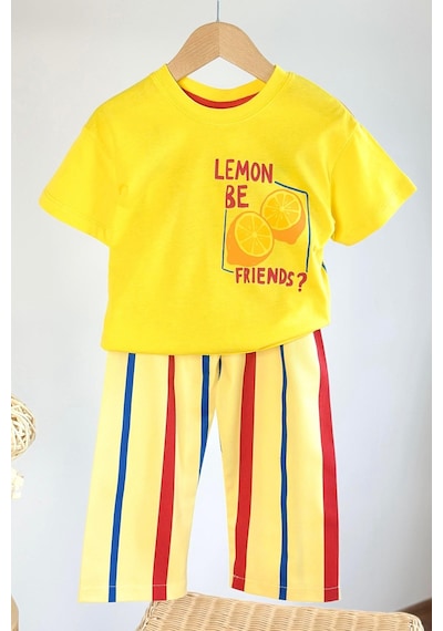 Monila Unisex Çocuk Pamuklu Sarı Limon Baskılı T-shirt Ve Eşofman Alt Üst Takım