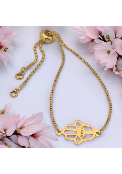 Rosa İsmine Özel 14 Ayar Altın Plakalı Zincirli Hamsa Motifli Hediye Bileklik-497isim Rosa