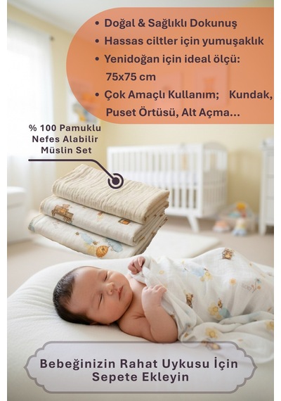 Little Organic's 3'lü %100 Organik Pamuk Müslin Örtü - Battaniye Seti 75x80 CM Oeko-tex Gots - Ztbest Bear's