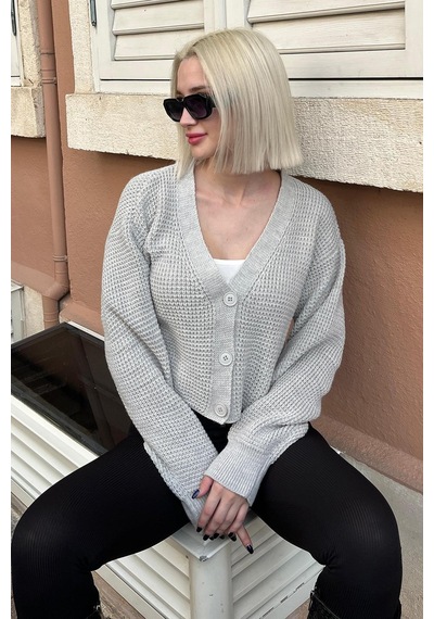 Madmext Gri Uzun Kollu Düğmeli Crop Hırka Mg2198 Gri