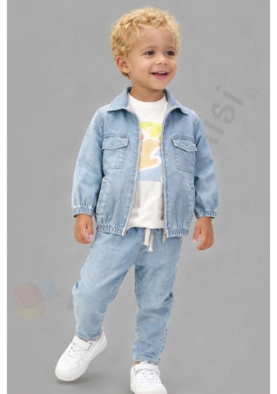 Şık Tişörtlü Kot Ceketli Pantolonlu Cepli Erkek Bebek Çocuk Alt Ust 3 Lü Takım Kıyafetleri Bayramlık Açık Mavi Şık Tişörtlü Kot Ceketli Pantolonlu Cepli Erkek Bebek Çocuk Alt Ust 3 Lü Takım Kıyafetleri Bayramlık Açık Mavi
