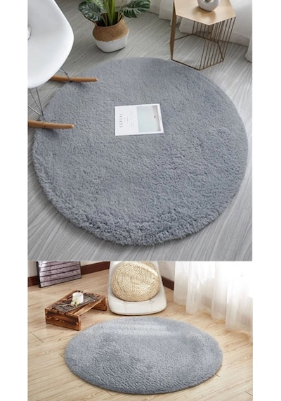 Balat Halı Raschel Carpet Yıkanabilir Kaymaz Taban Yuvarlak Peluş Halı Açık Gri