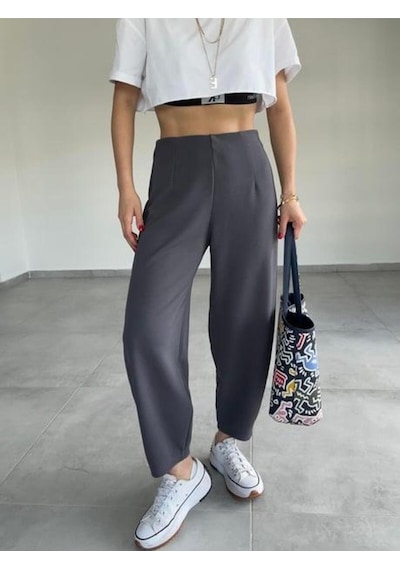 Paw Garage Kemersiz Balon Pantolon, 4 Mevsim, Krep Kumaş, Full Likralı Gri