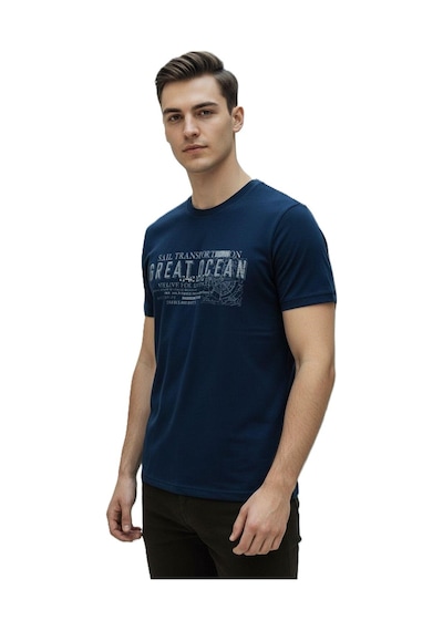 Lacaton 24-7014 Erkek Bisiklet Yaka Baskılı T-shirt İndigo İndigo