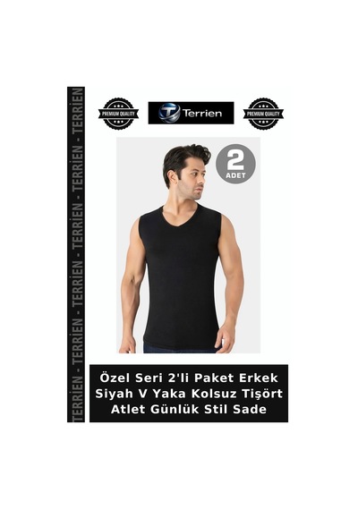 Terrien Özel Seri 2'li Paket Erkek Siyah V Yaka Kolsuz Tişört Atlet Günlük Stil Sade Siyah-2