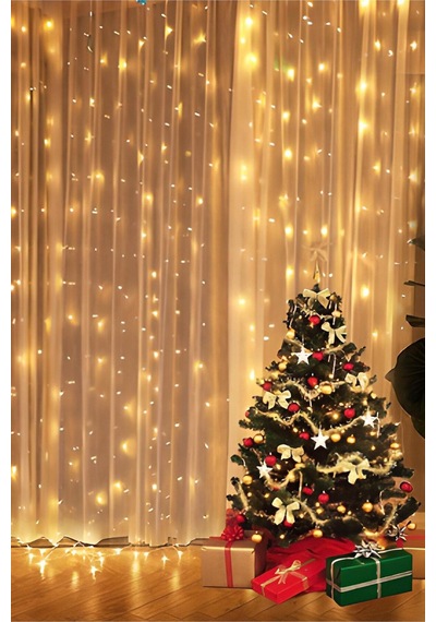 3x2 Metre Perde Led Animasyonlu 12 Saçaklı 240 Ledli Fişli Eklenebilir 8 Fonksiyonlu Yılbaşı Sarı