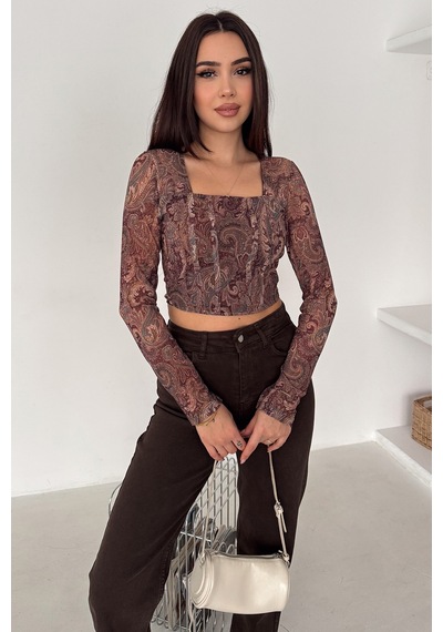 Noa & Noa Kadın Paisley Desenli Kare Yaka Bluz Rust Bloom Kahverengi
