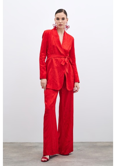 Sateen Yüksek Bel Desenli Pantolon - Kırmızı-135700 Kırmızı