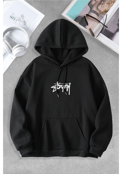 Macklin Unisex Kadın Erkek Graffiti Zar Özel Tasarım Baskılı Kapşonlu Sweatshirt Siyah Mck0898 Siyah