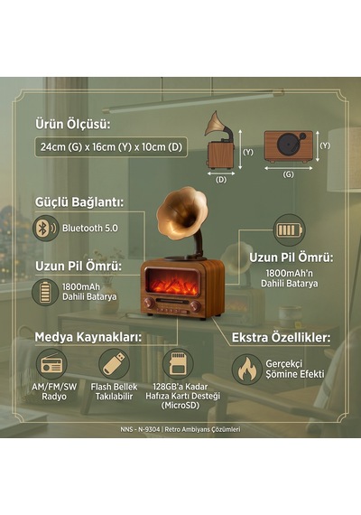 Nostaljik Şömine Işıklı Gramofon Bluetooth Hoparlör - Ahşap Retro Fm Radyo Usb/sd Kart Girişli 1800 Mah