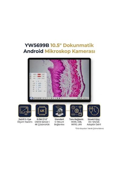 10.5 İnç Dokunmatik Ekranlı 4k Mikroskop Kamerası 8mp- Android 11, Hdmı, Usb, Lan, Dahili Ölçüm Yazılımı