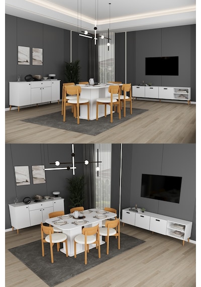 Lüks Yemek Odası Takımı 3 Parça %100 Mdf Konsol Yemek Masası Tv Ünitesi Yt01 Beyaz