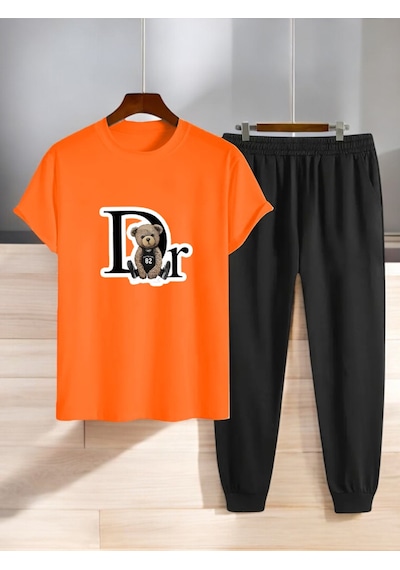 Uyguntarz Unisex Dr: Ayı Tasarım Basklı Tshirt Eşofman Takımı Turuncu