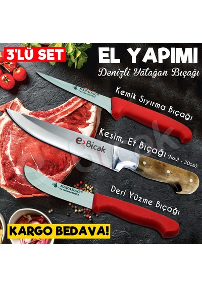 Yatağan El Yapımı Kurban Kasap Et Bıçağı Seti-1 (3'Lü Bıçak Seti)