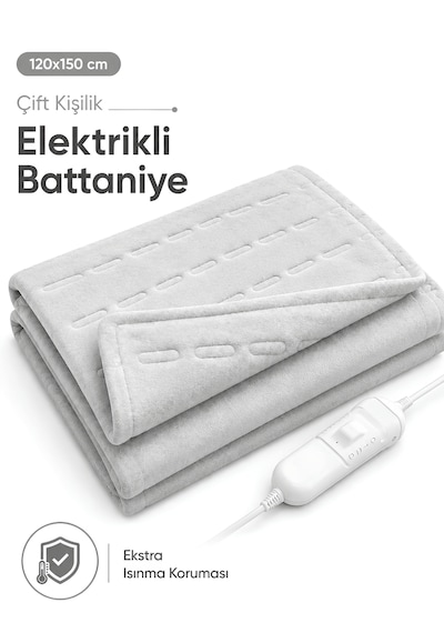 Beylini Omak Çift Kişilik Elektrikli Battaniye Tam Güvenlikli Dayanıklı Çift Kademeli Termostatlı Elektrikli Yatak Isıtıcı 120x150 Cm Beyaz