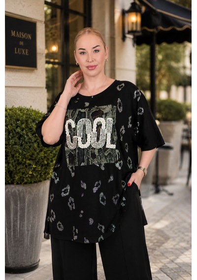 Büyük Beden Oversize Cool Baskılı Taş Detaylı Desenli Rahat Kesim Kadın Bluz Siyah