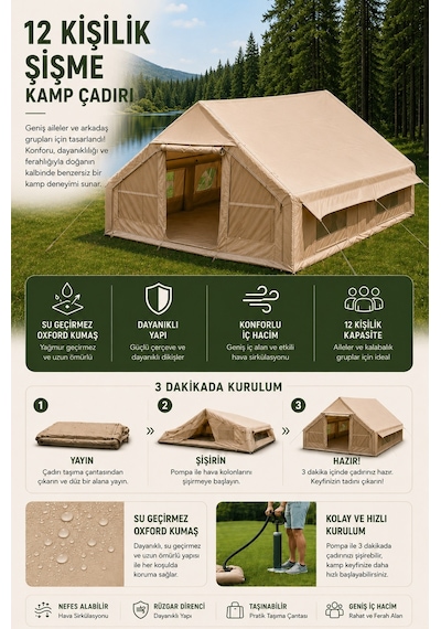 12 Kişilik Şişme Kamp Çadırı 4 Mevsim Deniz Çadır Oxford Kumaşlı Bej