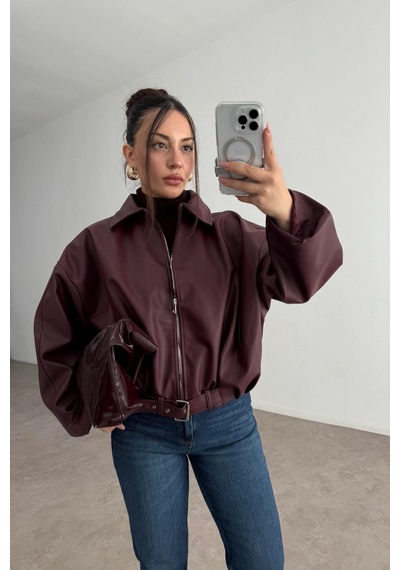 Pop Story Kadın Oversize Bomber Premium Deri Ceket Kemerli Bordo Bordo