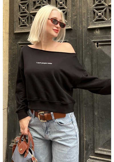Siyah Kayık Yaka Baskılı Kadın Sweatshirt Mg2205