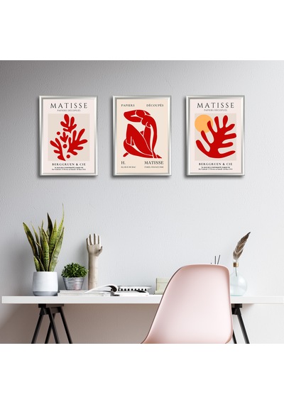Henri Matisse 3'lü Alüminyum Çerçeveli Poster Seti - Önden Açılır A3 Açılır Kapanır Çerçeve Seti Kırmızı Soyut Figürler, Gümüş