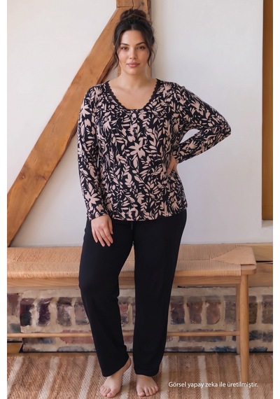 Siyah İnci Desenli Büyük Beden Battal Boy Düğmeli Viskon Örme Pijama Takım 26224863 Çok Renkli Siyah İnci Desenli Büyük Beden Battal Boy Düğmeli Viskon Örme Pijama Takım 26224863 Çok Renkli
