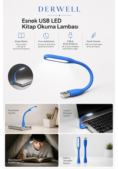 Esnek Usb Led Kitap Okuma Lambası Taşınabilir Mini Masa Üstü Gece Lambası Laptop Bilgisayar Uyumlu Bükülebilir Göz Yormayan Aydınlatma Işığı Şarjlı Powerbank Uyumlu