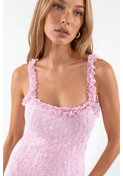 Hiccup Dantelli Midi Elbise Toz Pembe