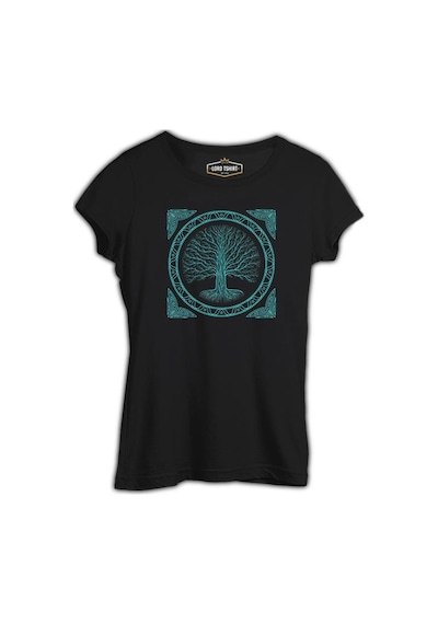 Druidic Yggdrasil - Hayat Ağacı Siyah Kadın Tshirt 001