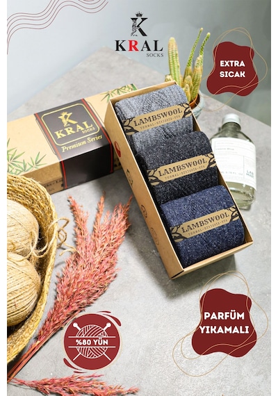 Kral Socks Erkek Koyun Yünlü Lambswool Kışlık 3'lü Kutulu Dikişsiz Çorap Asorti