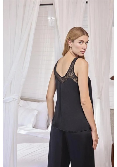Ang Butik Kadın Viskon Dantelli Ve Dekolteli Saten Pijama Takımı Siyah