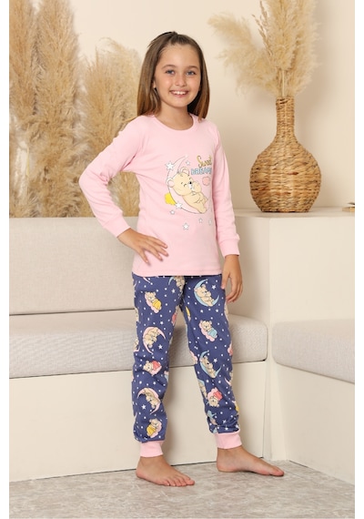 Kız Çocuk %100 Pamuk İnterlok Kumaş Pijama Takımı 6-15 Yaş 12421 Pembe