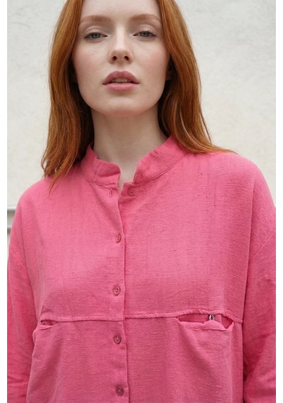 Hiccup My Fashıon Oversize Uzun Kollu Keten Karışımlı Gömlek Parlak Pembe