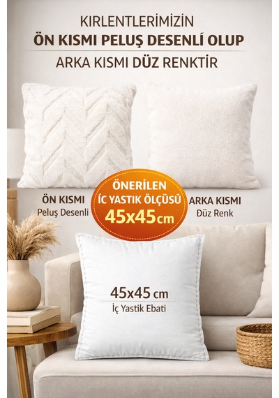 Peluş Dekoratif Kırlent Kılıfı İskandinav Zigzag-balıksırtı 4 Lü Set 42x42 Cm Krem - Bej