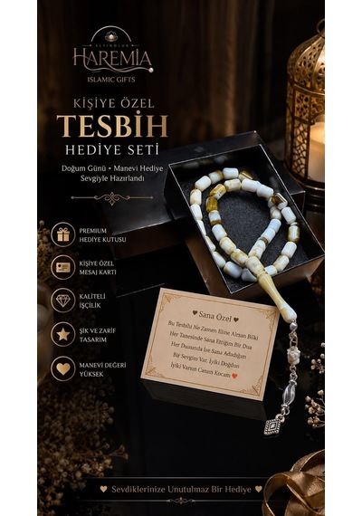Özel Kutulu Toz Kehribar Tesbih 33 Lük Plastik Kişiye Özel Notlu Hediyelik Beyaz Siyah