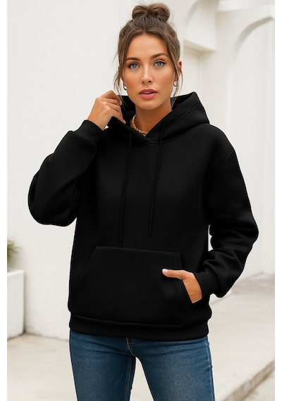 Kadın Siyah Kanguru Cepli Kapüşonlu Scuba Sweatshirt Siyah