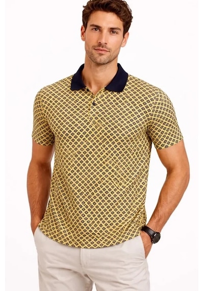 Suma Erkek Pike Kumaş Polo Yaka Desenli Tişört Kısa Kol Yazlık T-shirt - Sarı