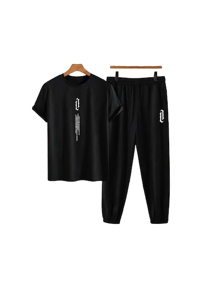 Adrift Unisex Bisiklet Yaka Slogan Baskılı Siyah Tişört Ve Siyah Eşofman Altı 2'li Set A Siyah
