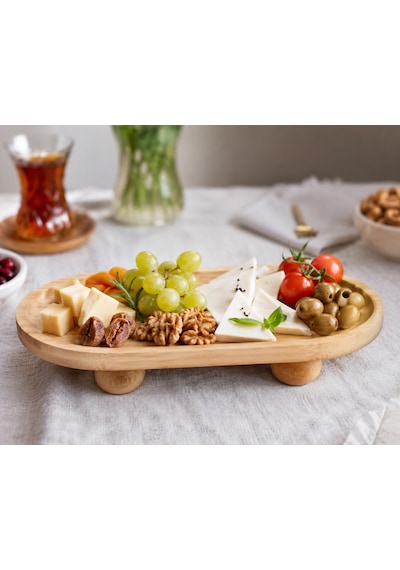 Mien Bambu Sunumluk 24x14x2,8 Cm Ayaklı Doğal Bambu Servis Ve Kahvaltı Tabağı Açık Kahverengi