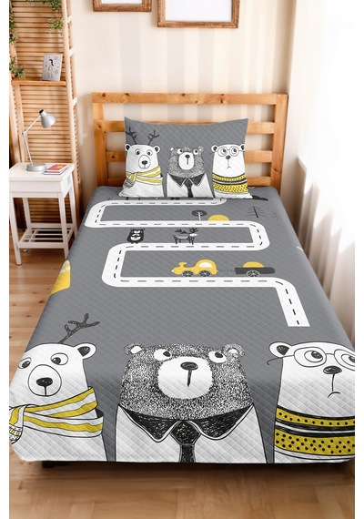Evimde Bambaşka Ayı Ve Araba Çocuk Odası Tek Kişilik Pike Takımı - Sarı İskandinav 160x220  CM Kapitone Yatak Örtüsü