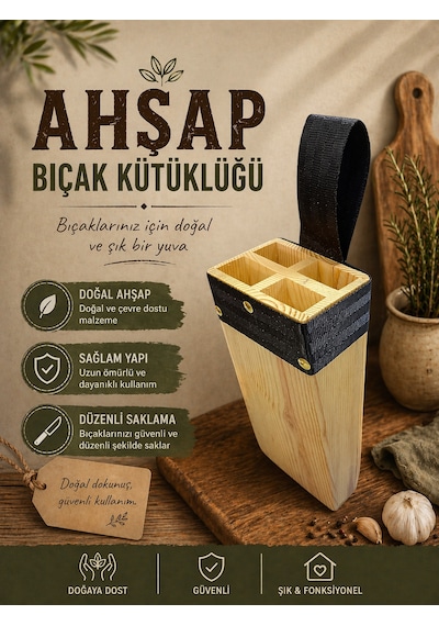 Masif Kütüklük, Kasap Ahşap Bıçak Kütüklüğü Bel Tipi, Kurban Bıçağı Koruma Kabı 4 Gözlü