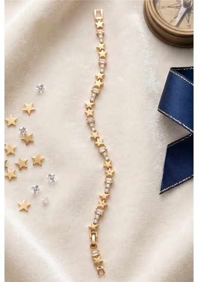 Gold Premimum Zirkon Taşlı Yıldızlı Çelik Bileklik 17cm + 3 Cm Uzatma