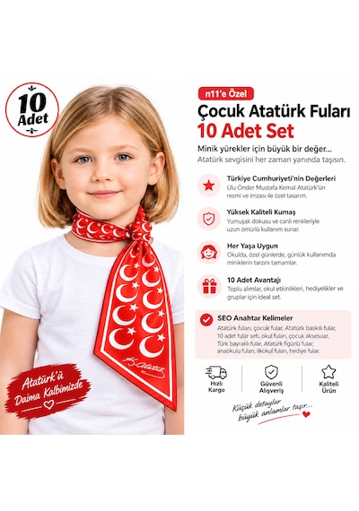 Mavi Masal 0 Adet Çocuk Atatürk Fuları Seti Atatürk Baskılı Çocuk Fular Türk Bayraklı Ayyıldızlı Fular Kırmızı